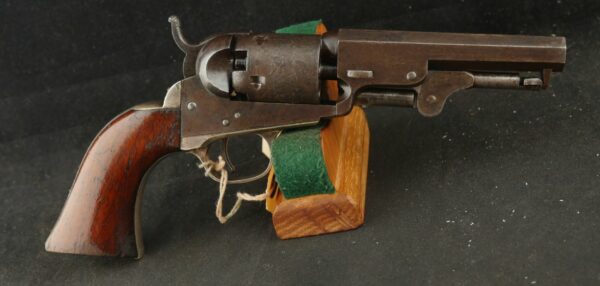 GR-0924-6351, Colt M-1849 4 inch pocket, 5 shot, .31. 90% scene, 90% grip varnish, 90% tarnished silver. BUY NOW