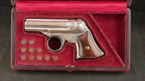 GR-0925-6648, Wonderful Remington Elliot 5 shot pepperbox in .22 RF with exceptional dealer deluxe engraving and silver finish. BUY NOW - Image 13