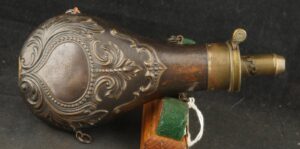 079-0126-9409, AM Flask & Cap Co. Embossed Powder Flask. BLOWOUT