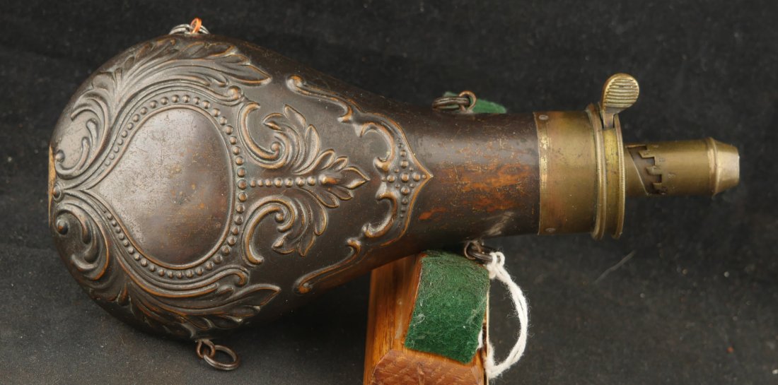 079-0126-9409, AM Flask & Cap Co. Embossed Powder Flask. BLOWOUT